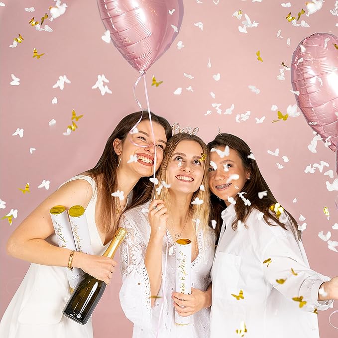 PrimePure Confetti Cannon Party Poppers - Butterfly White Confetti Poppers - 6 Pack - White Paper & Gold Butterfly Pop Gun for Wedding Send Off, Bridal Shower, Graduation, Birthday, Parties
