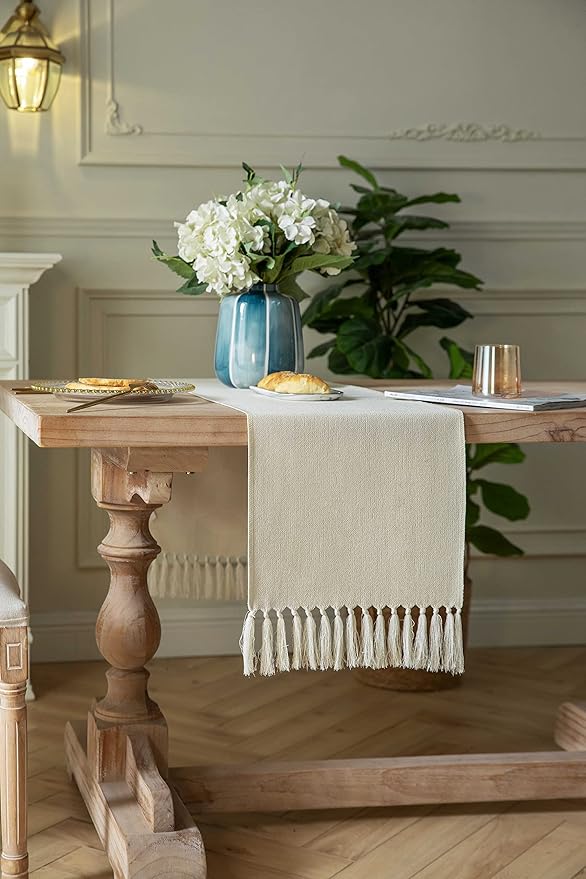 ZeeMart Cream Table Runners 60 Inches Long, Burlap Linen Style Rustic Farmhouse Table Runner, Boho Woven Dining Table Runner, 13x60 Inches, Cream