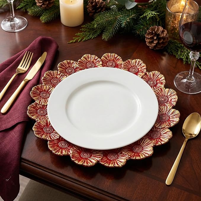 Red Charger Plates with Flower Rim, 13" Round Charger for Dinner Plates, Set of 6 Plastic Plate Chargers for Halloween, Thanksgivng, Christmas.
