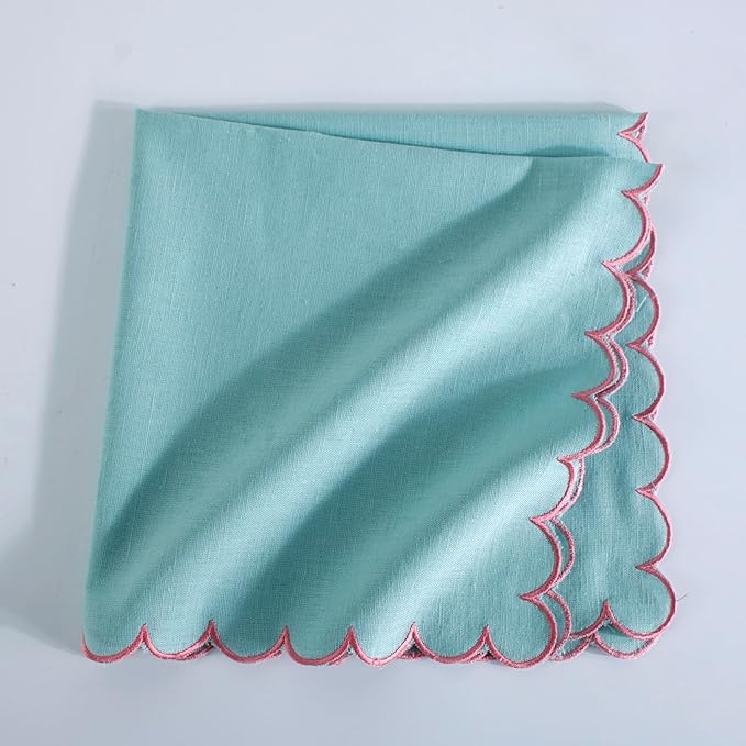 FINGERCRAFT Cloth Napkins, Everyday Use Reversible Scallop Design, Premium Quality Cotton Linen Blend Napkin Set of 6 Perfect for Parties Dinners Weddings Easter Napkin Cloth 20x20 Inch Aqua
