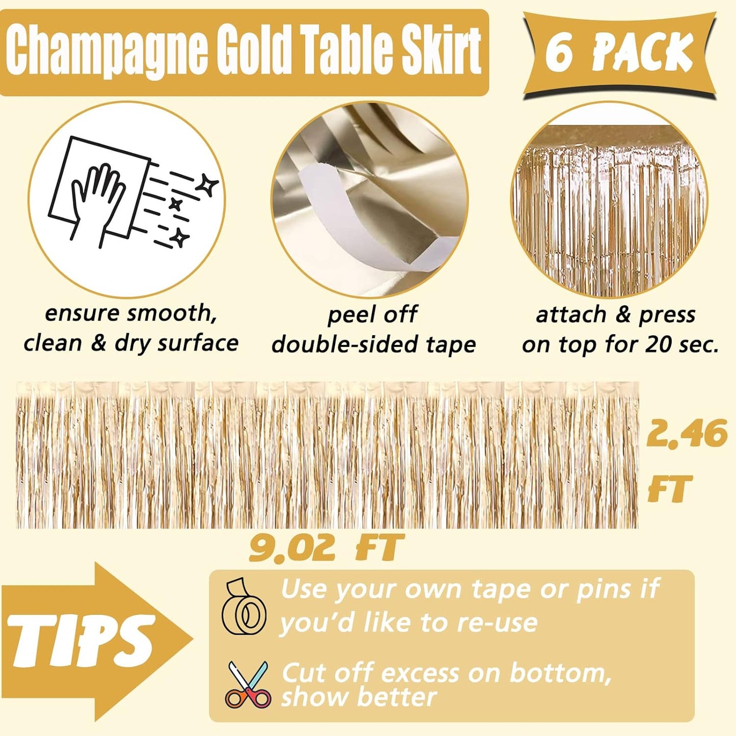 6 Pack 29x108 Inch Champagne Gold Metallic Foil Fringe Table Skirts Banner for Tinsel Streamer Garland Curtains Backdrop for Parade Floats Baby Shower Birthday Christmas Halloween Party Decoration