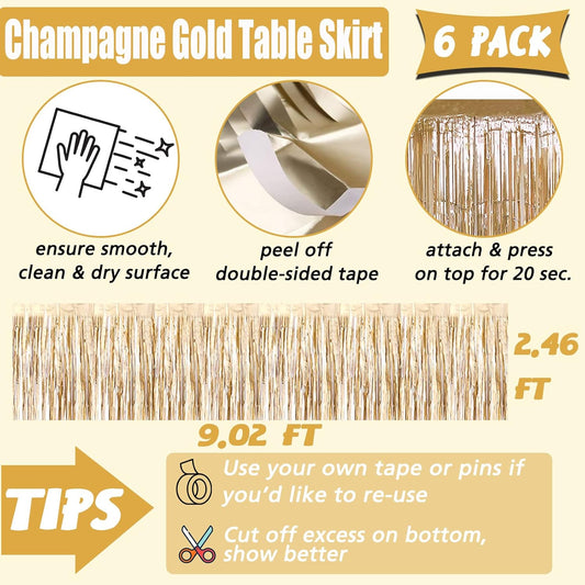 6 Pack 29x108 Inch Champagne Gold Metallic Foil Fringe Table Skirts Banner for Tinsel Streamer Garland Curtains Backdrop for Parade Floats Baby Shower Birthday Christmas Halloween Party Decoration