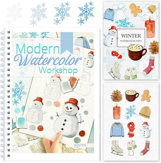 Watercolor Workbooks with Step by Step for Adults Teens - Beginner Watercolor Workbook with 12 Coloring Book Pages -100% Cotton 300gsm/140lb Watercolor Paper(Winter)