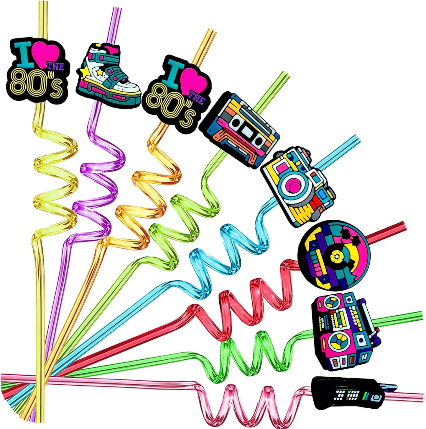 24pcs 80s Party Favors Retro Straws Hip Hop Themed Music Party Decorations Straws 80s Radio Speaker Phone Tape Supplies With 2 Brushes 8 Color