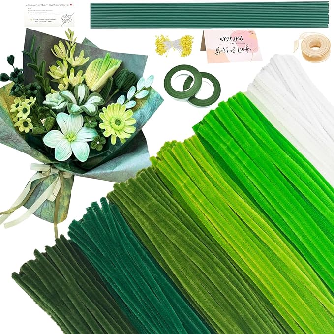 620 Pieces Green Pipe Cleaners Craft Set, 600 Pcs Chenille Stems with 20 Pcs Flower Stems, Craft Supplies Bulk for DIY Art and Craft Projects Creative Gift Wrapping Party Decorations(Green Series)