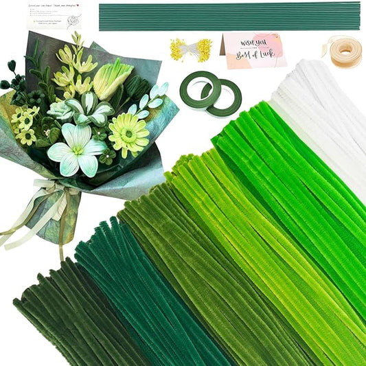 620 Pieces Green Pipe Cleaners Craft Set, 600 Pcs Chenille Stems with 20 Pcs Flower Stems, Craft Supplies Bulk for DIY Art and Craft Projects Creative Gift Wrapping Party Decorations(Green Series)