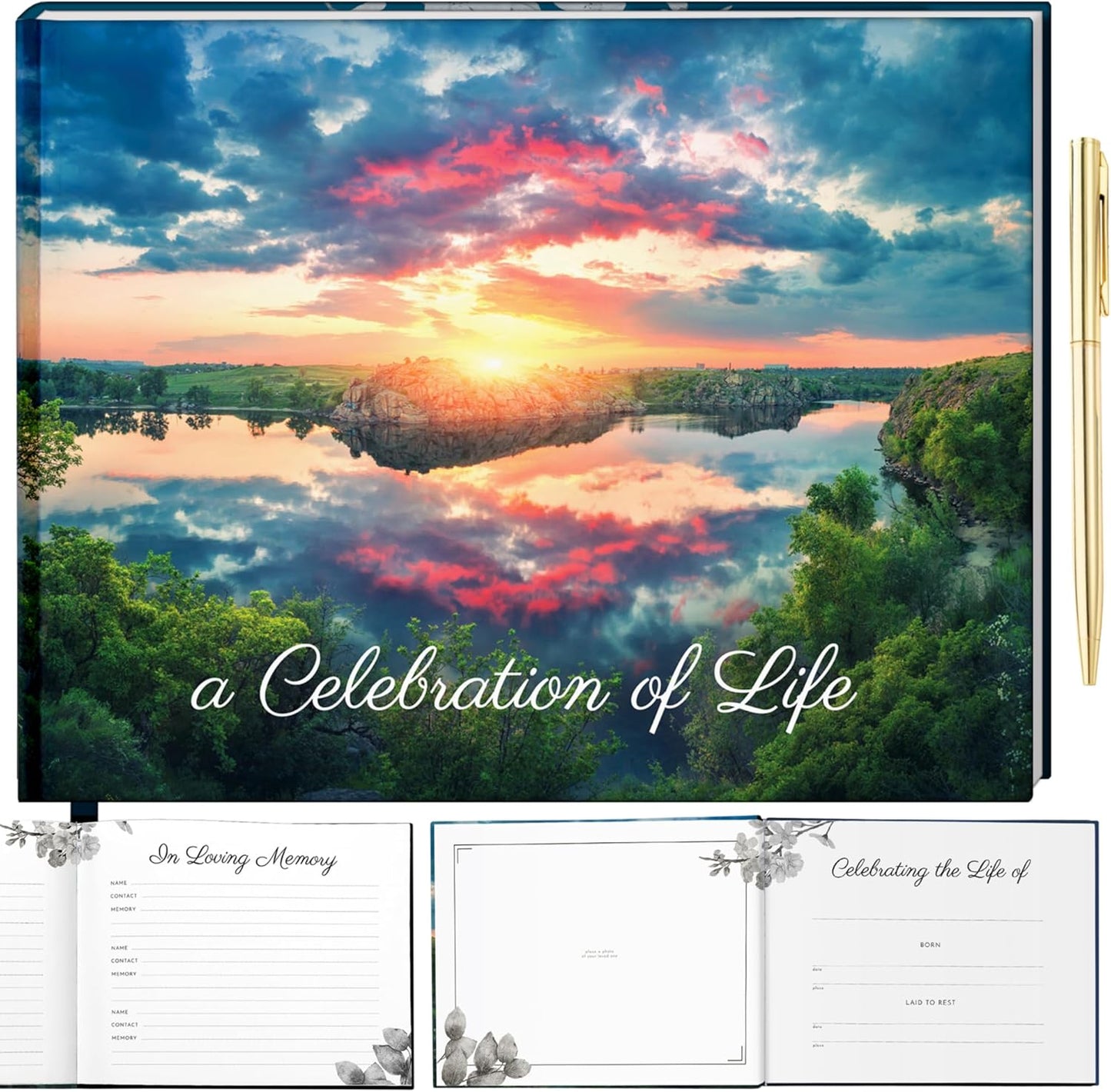 Generic LYKX - Funeral Guest Book Set, Guest Book for Funeral Hard Cover, Sunset Celebration of Life Guestbook, Memorial Service Registry 100 Pages, Funeral Guest Books with Elegant Pen