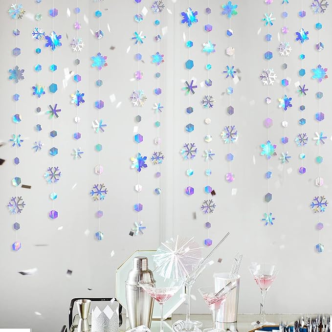 Clearance 52Ft Winter Wonderland Party Decoration Iridescent Snowflake Garland Holographic Paper Snowflake Streamer for Winter Onederland Christmas Frozen Birthday Wedding Bridal Shower Party Supplies
