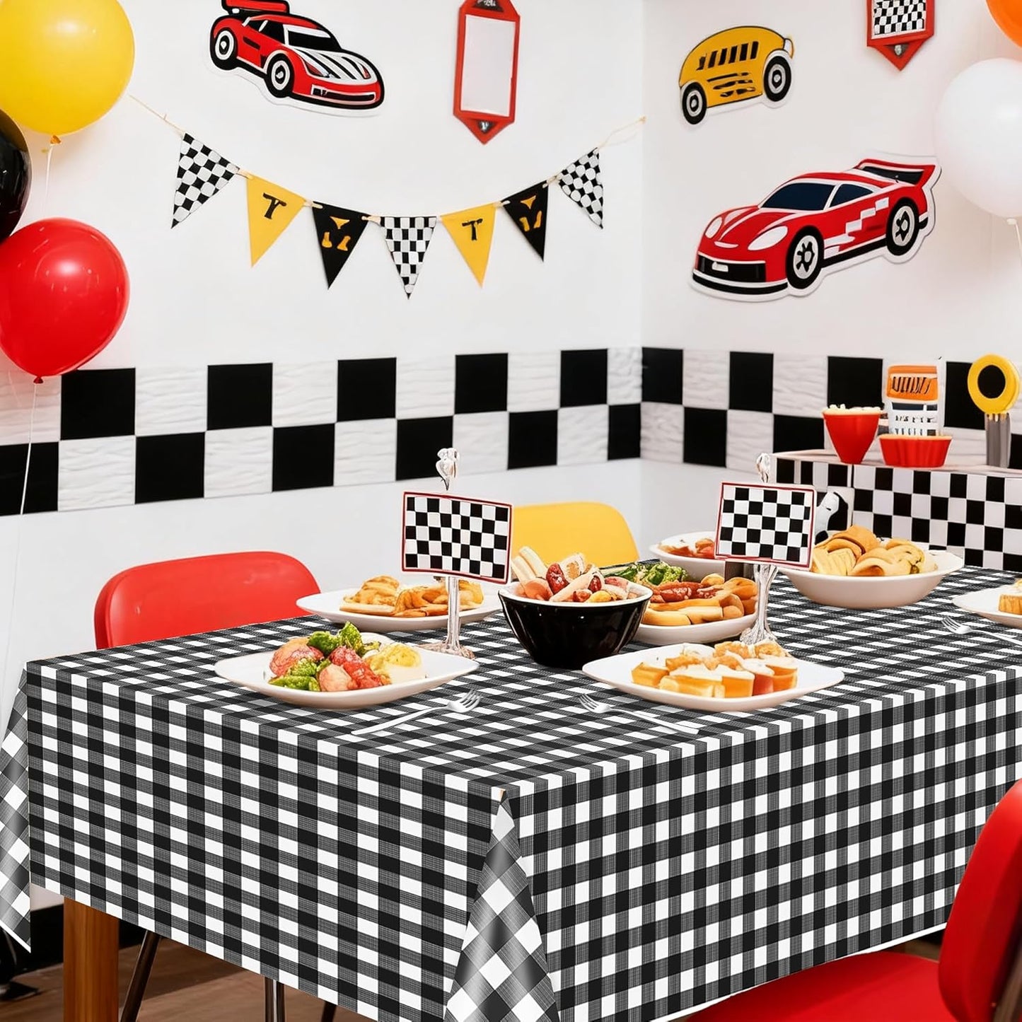 Childom 3 Pack Black and White Checkered Tablecloths 54"x108" Disposable Plastic Table Cloths Buffalo Plaid Tablecloths for Home,Halloween,Picnic Table Covers for Pizza Party,Race Car Birthday Decors