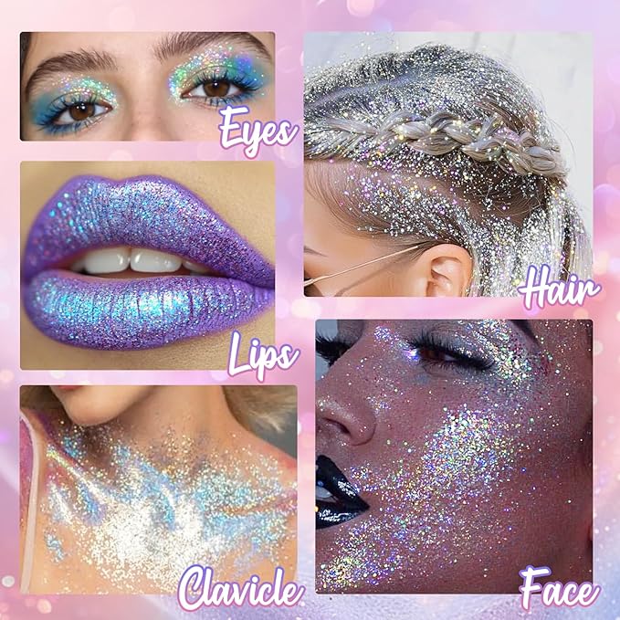 CAHOTO Pastel Rolling Glitter for Face Body & Hair, Sparkling Holographic Chunky Shimmer, Roll-on Sequins for Singer Concert Rave Festival Halloween Party Carnival, 1.35fl.oz