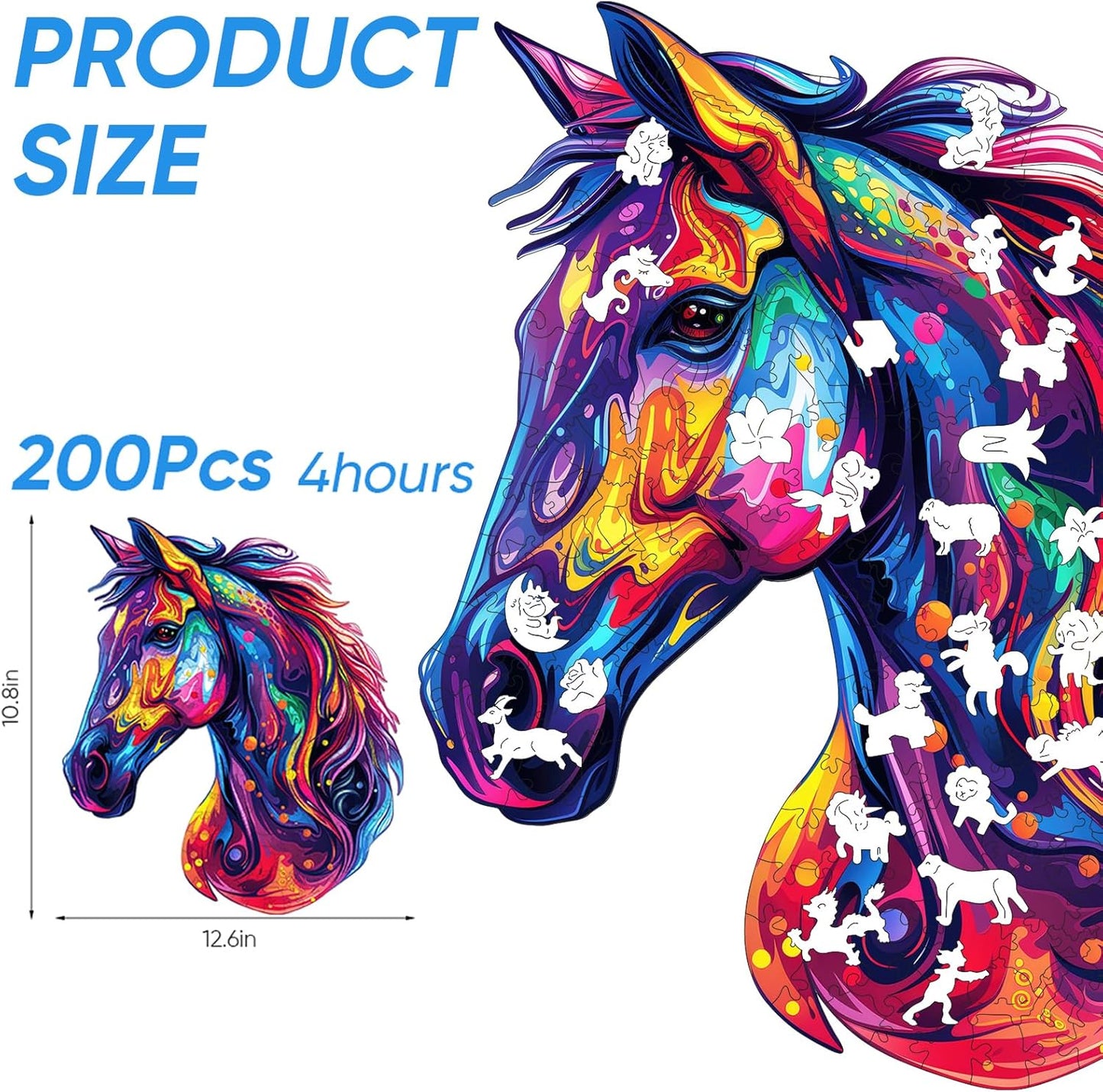Reouinty Wooden Puzzles for Adults, Horse Liberty Cool Jigsaw Puzzles 200 Pieces, Unique Shape Animal Adult Pieces, Irregular Best Gift for Adults Family Game 10.8 x 12.6 in