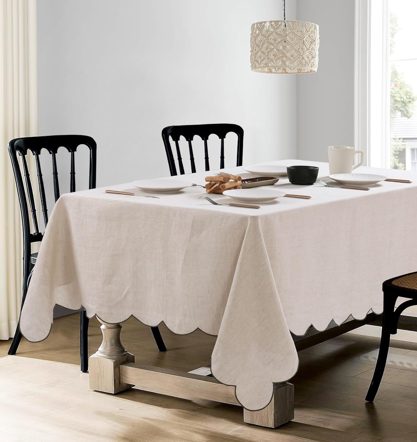 100% French Flax Linen Tablecloths Scalloped Embroidery Rectangle 132Lx60W Inch for Dinners, Parties, Spring, Machine Washable, 12-14 Sets, Linen(Edges-Green)