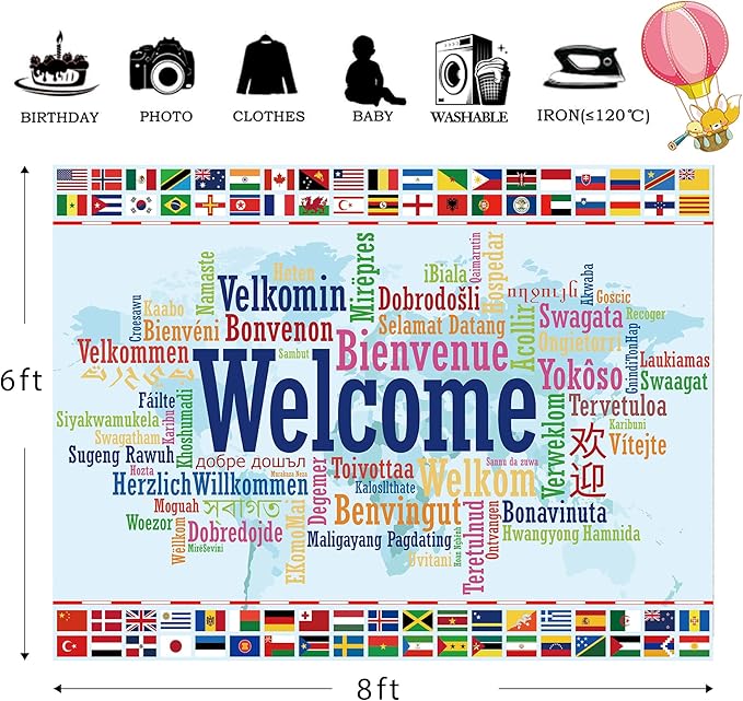 Homewelle International Flag Backdrop 8Wx6H Feet Polyester Fabric World Map Colorful Multilingual Welcome Banner Decoration Country Events Sports Club Favors Photography Background Photo Shoot Props