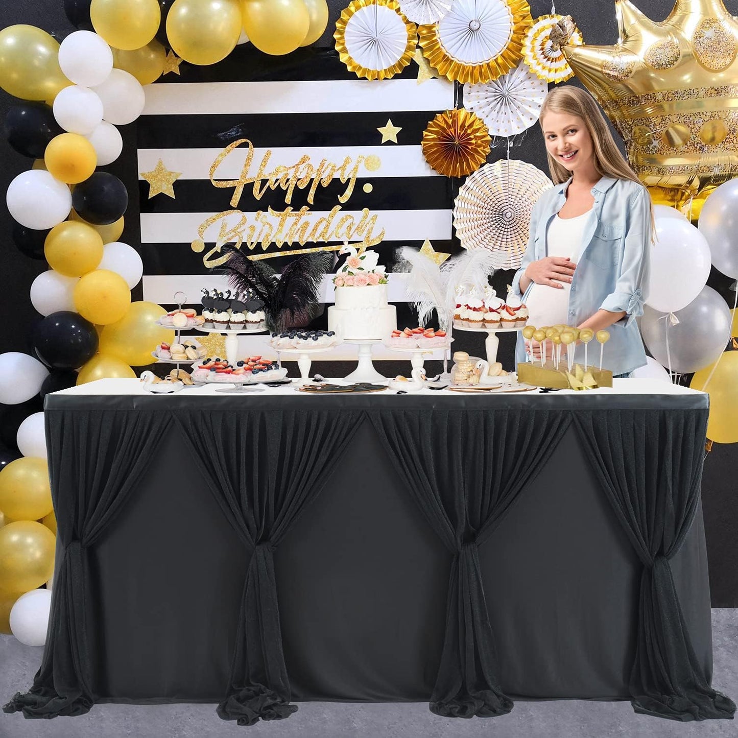 6ft Black Table Skirt for Birthday Party Ruffle Tutu Table Skirt Tulle Tablecloth for Graduation Baby Shower Wedding Black Gold Theme Party Dessert Buffet Banquet Decorations