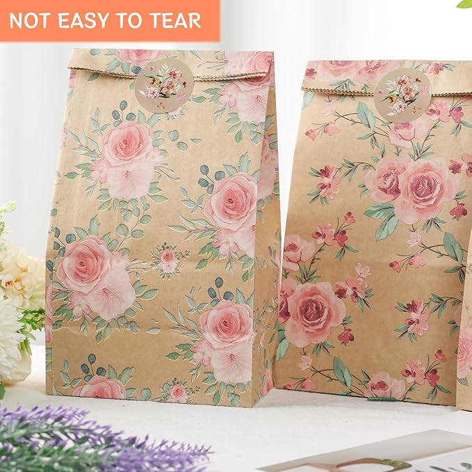 VGOODALL 24 Pack Party Favor Bags, 4.7x3.1x8.7 Inch Small Gift Bags with Stickers Floral Party Favor Treat for Birthday Baby Shower Wedding Gift Packaging Supplies
