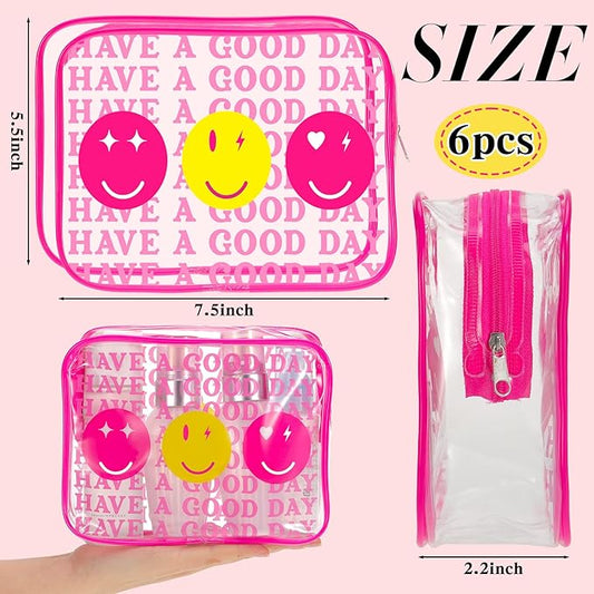 Cunno 6 Pcs Makeup Bags Gifts for Women Preppy Boho Smile Face Flamingo Clear Makeup Bags Cosmetic Transparent PVC Travel Toiletry Organizer for Birthday Party Favor(Preppy Style)