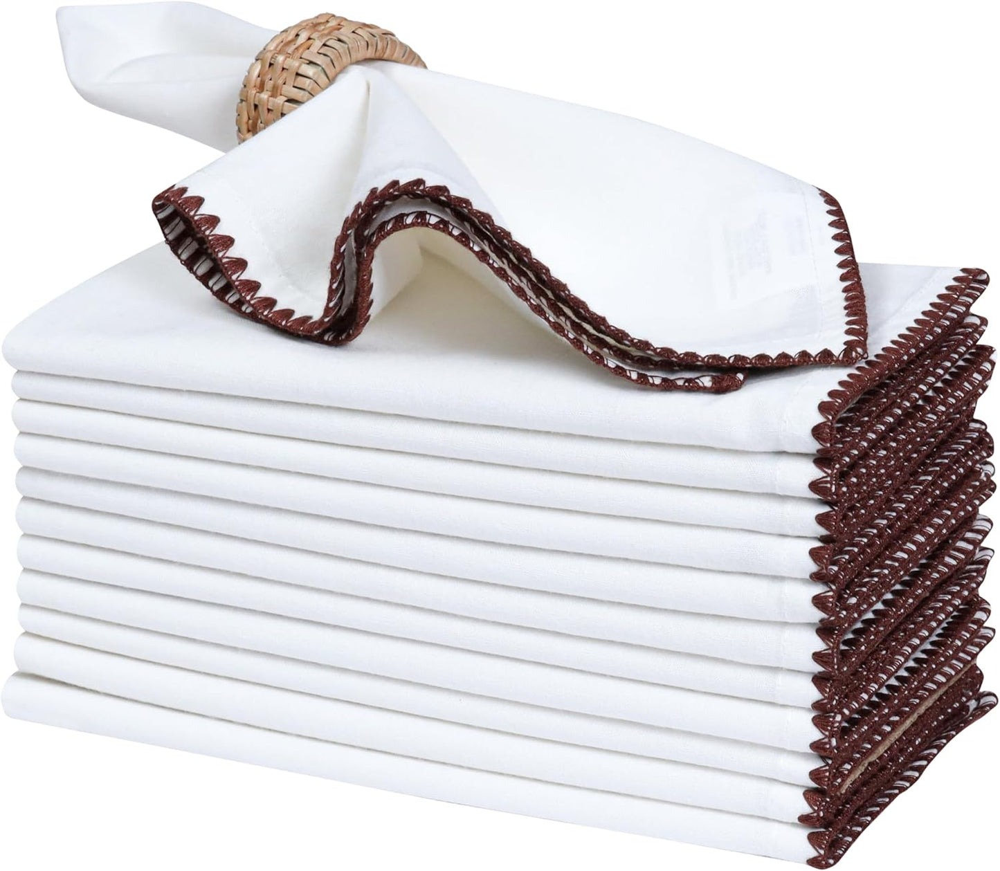 Bedding Craft Cotton Cloth Dinner Napkins Set of 12 – 18x18 Hot Chocolate Brown with Colored Edge Embroidery – Elegant Washable Wedding Napkins for Dining, Parties & Table Settings
