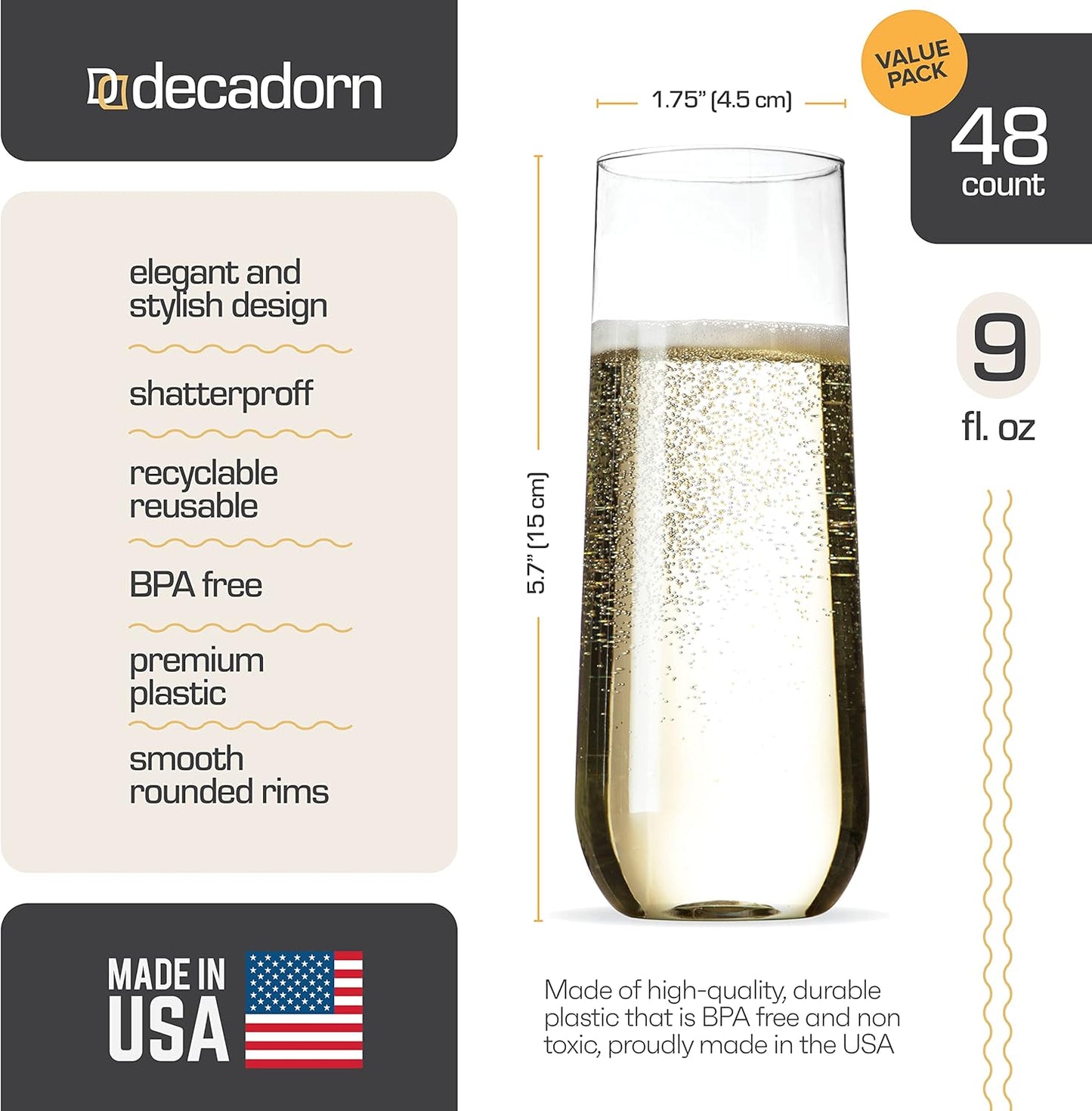 DECADORN Clear Stemless Champagne Flutes Plastic 48 Pack - 9oz Plastic Champagne Glasses - Durable and Sturdy Mimosa Glasses For Parties - Shatterproof, Recyclable, BPA-Free, Smooth Rims.