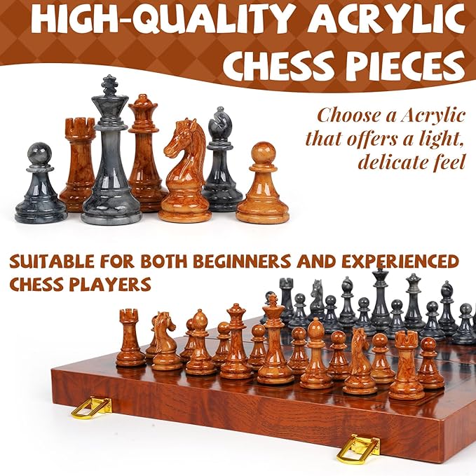 Magnetic Chess Set for Adults and Kids 15'' Chess Board with Acrylic Chess Pieces, Folding Portable Travel Unique Chess Sets Game for Tournament Professional Beginner