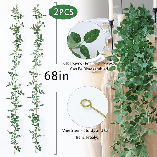 mizii 2 Strands Artificial Vines Garland 68" Fake Vine with Small Green Leaves Silk Rose Leaf Faux Hanging Plants Greenery Decorations for Bedroom Room Table Centerpieces Wedding Decor (Rose Leaves)