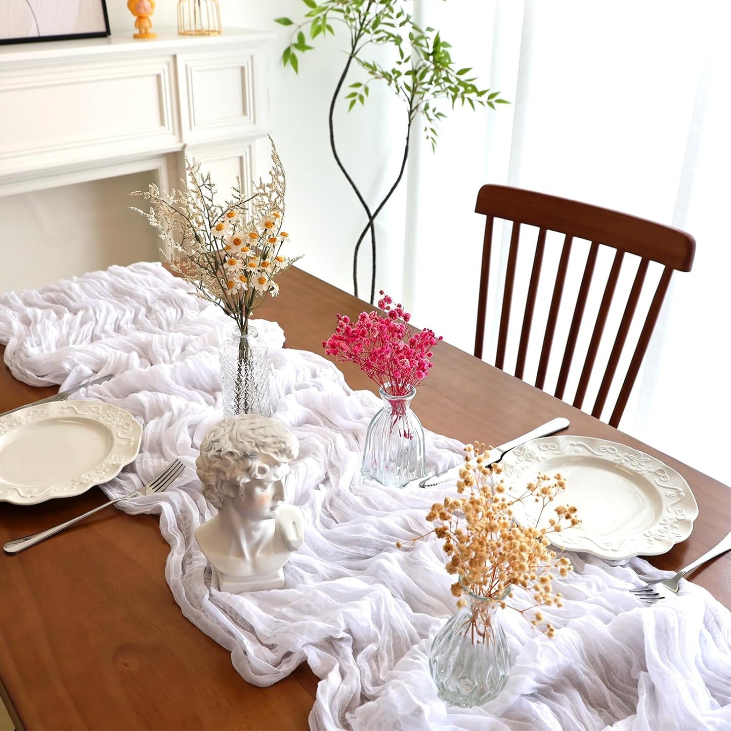12 Pack 10FT White Cheesecloth Table Runner 35x120 Inch Gauze Rustic Boho Table Runner Cheese Cloth for Wedding Decor Birthday Party Bridal Baby Shower Table Centerpiece Decoration