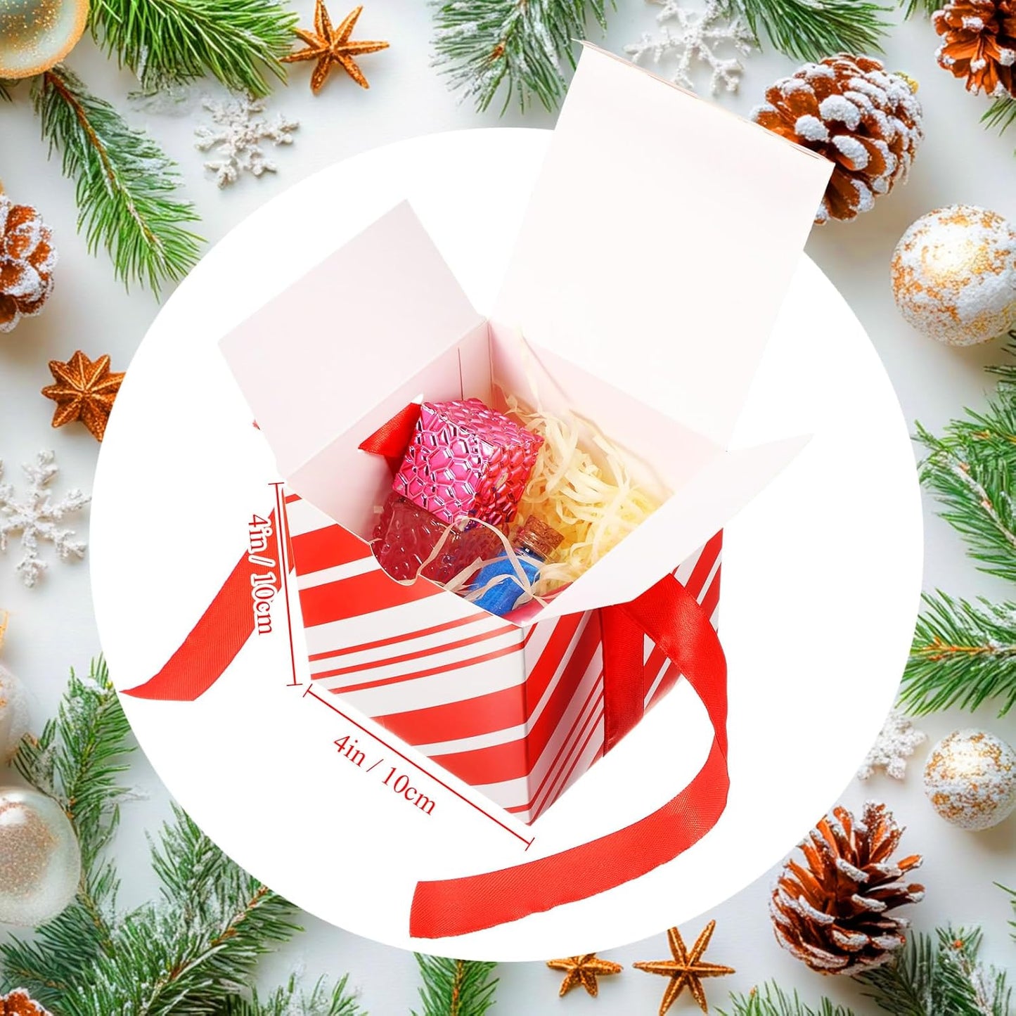 Dispowreath 48 Pcs 4x4x4 Christmas Gift Boxes with Ribbon Xmas Small Box with Lids Treat Boxes for Gift Wrapping Ornaments Wedding Holiday Birthday Party Favor(Red White Stripe)