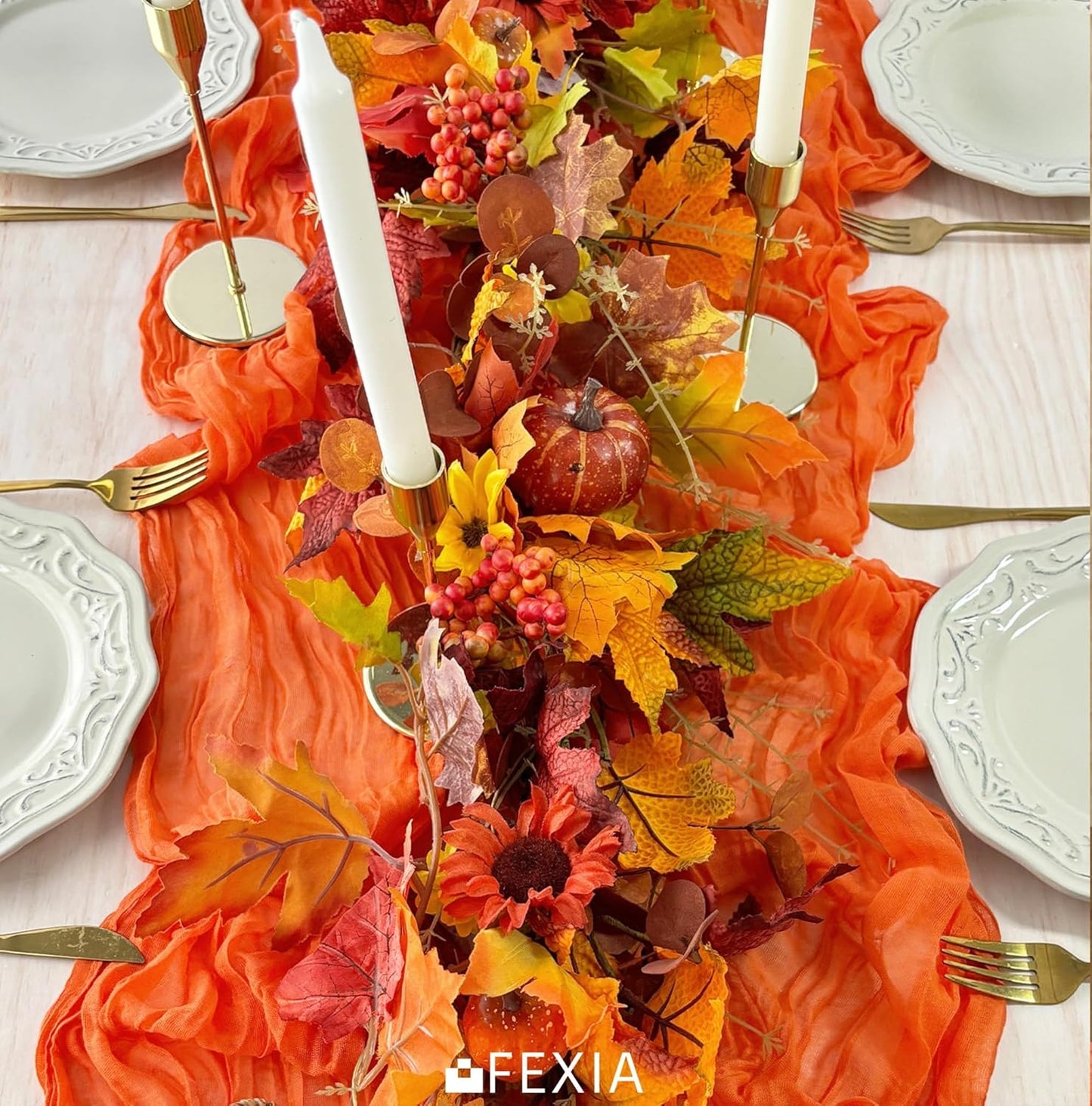 FEXIA Fall Table Runner Orange Cheesecloth 35x120 Inches Boho Gauze Table Runner Burnt for Wedding Decor Reception Bridal Shower Centerpiece Engagement