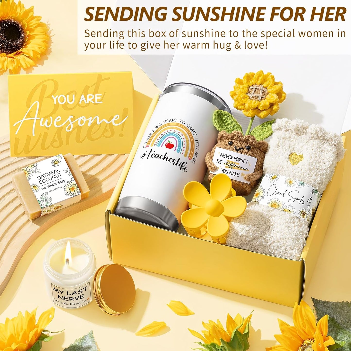 Teacher Christmas Gifts for Women, Best Teacher Appreciation Gifts Set Funny End of Year Teachers Gift from Student, Cute Birthday Retirement Sunflower Thank You Gift Baskets for Daycare Teachers