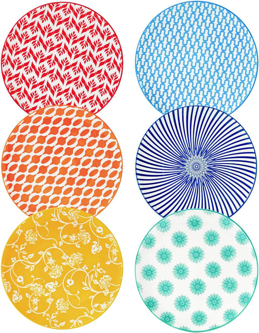 Ceramic Salad Plates Set - 8.5 Inch Small Round Dinner Dishes for Dessert Pasta Appetizer Sandwich - Scratch Resistant Porcelain Microwave Dishwasher Safe - Set of 6 - Assorted Colors