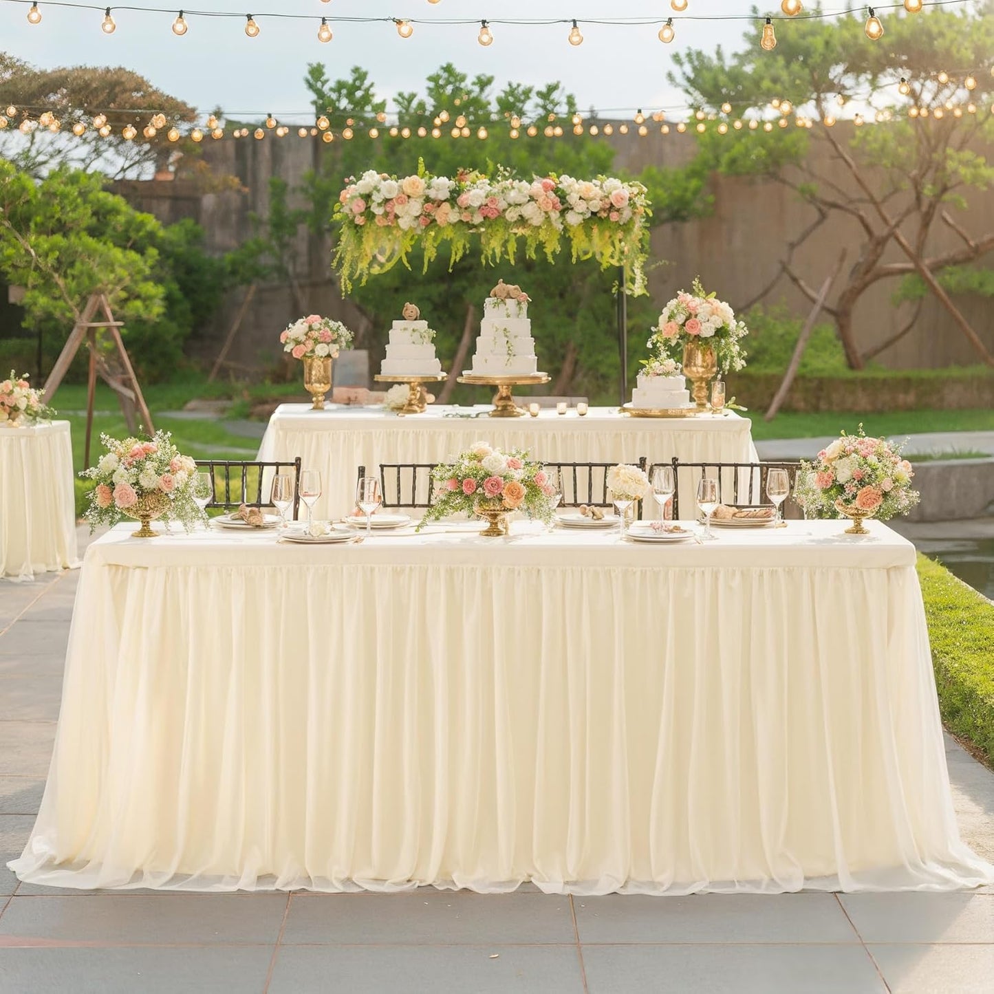 6ft Champagne Tulle Tablecloths for Rectangle Tables Stretch Rectangular Table Cloths Wrinkle Free 6 Foot Table Cover with Tutu Skirt for Wedding Birthday Party Banquet Buffet Cake Desk Skirt
