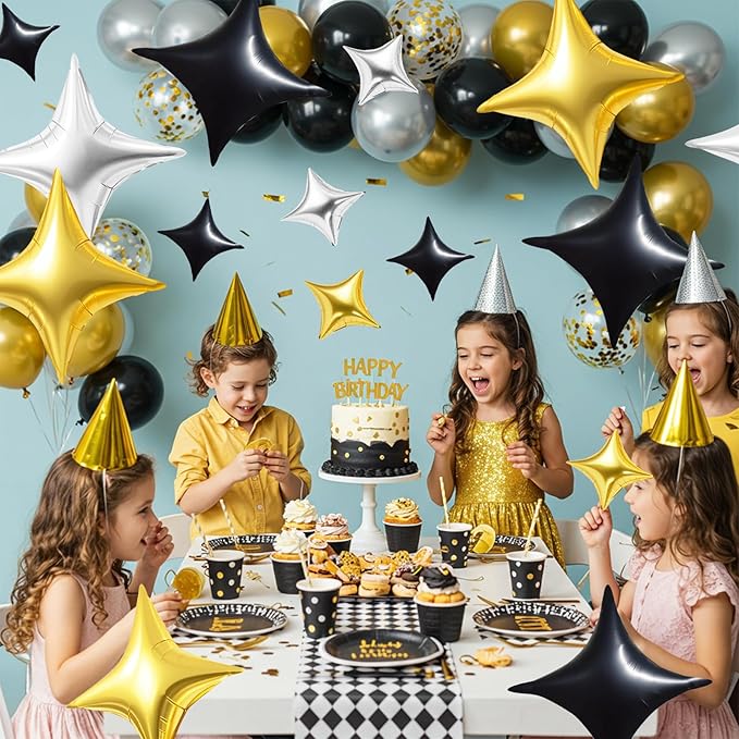 TONIFUL 30Pcs 26In&10In Star Balloons Gold Silver Black Four Pointed Foil Mini Star Mylar Balloons for Birthday Wedding Baby Shower Anniversary Engagement Party Decor Supplies