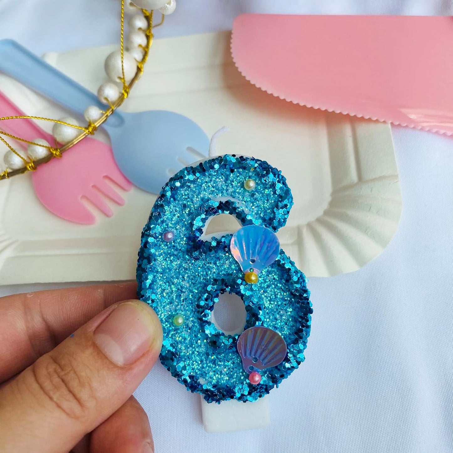 Blue Number Candle,Shell Sequins Number Candles for Birthday Cakes Mermaid Themed Party Supplies Number 6 Candle
