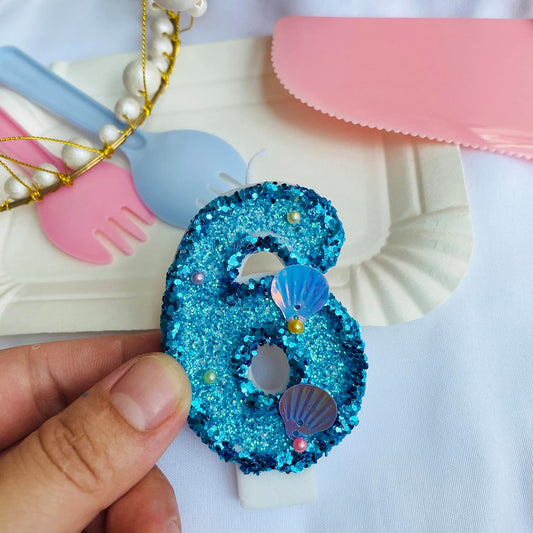 Blue Number Candle,Shell Sequins Number Candles for Birthday Cakes Mermaid Themed Party Supplies Number 6 Candle