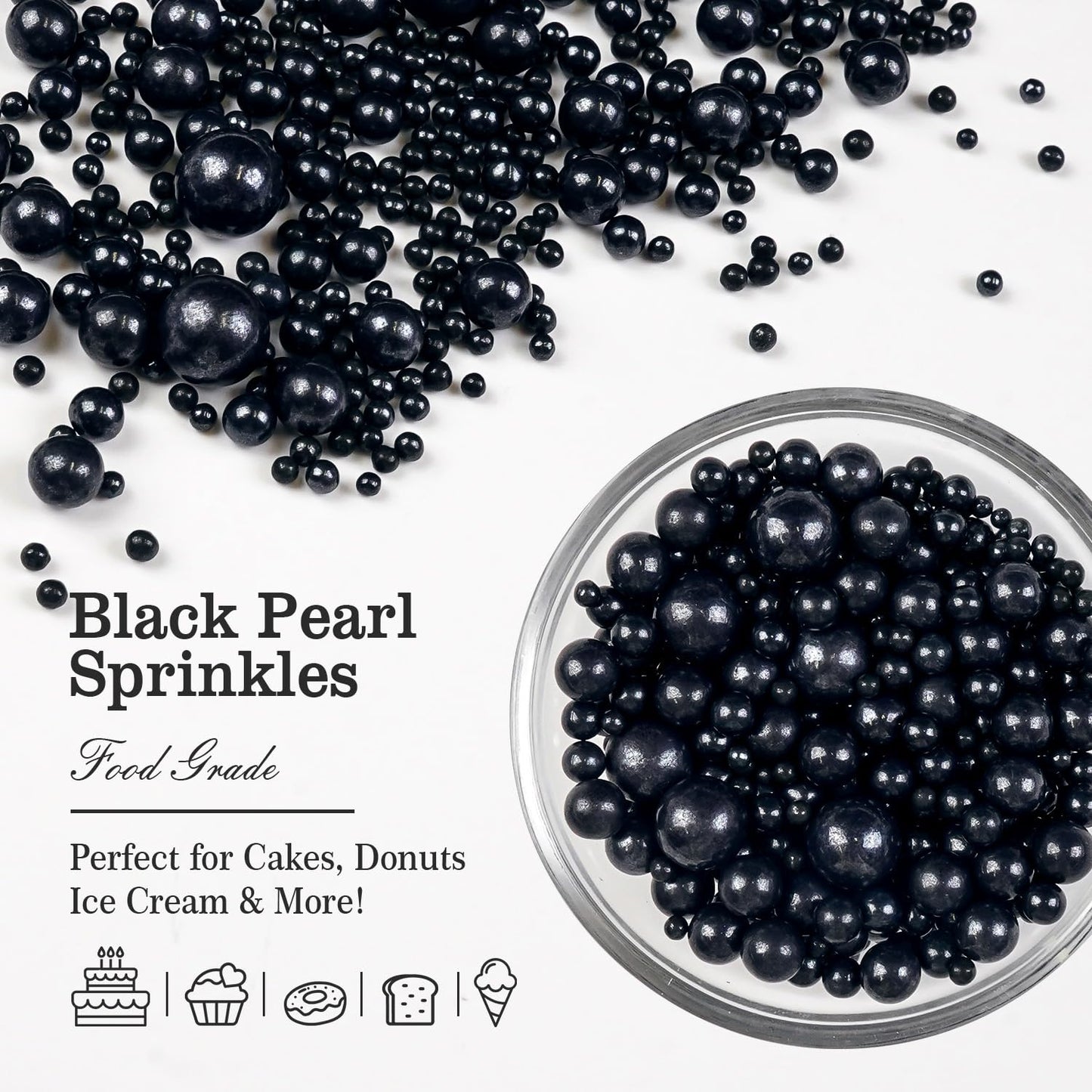 Black Pearl Sugar Sprinkles, Edible Black Sprinkles for Cake Decorating, 150g/5.29oz, Baking Cake Decorations, Foodgrade Toppers, Cupcakes, Cookies, Birthday, Wedding Party Chirstmas Supplies