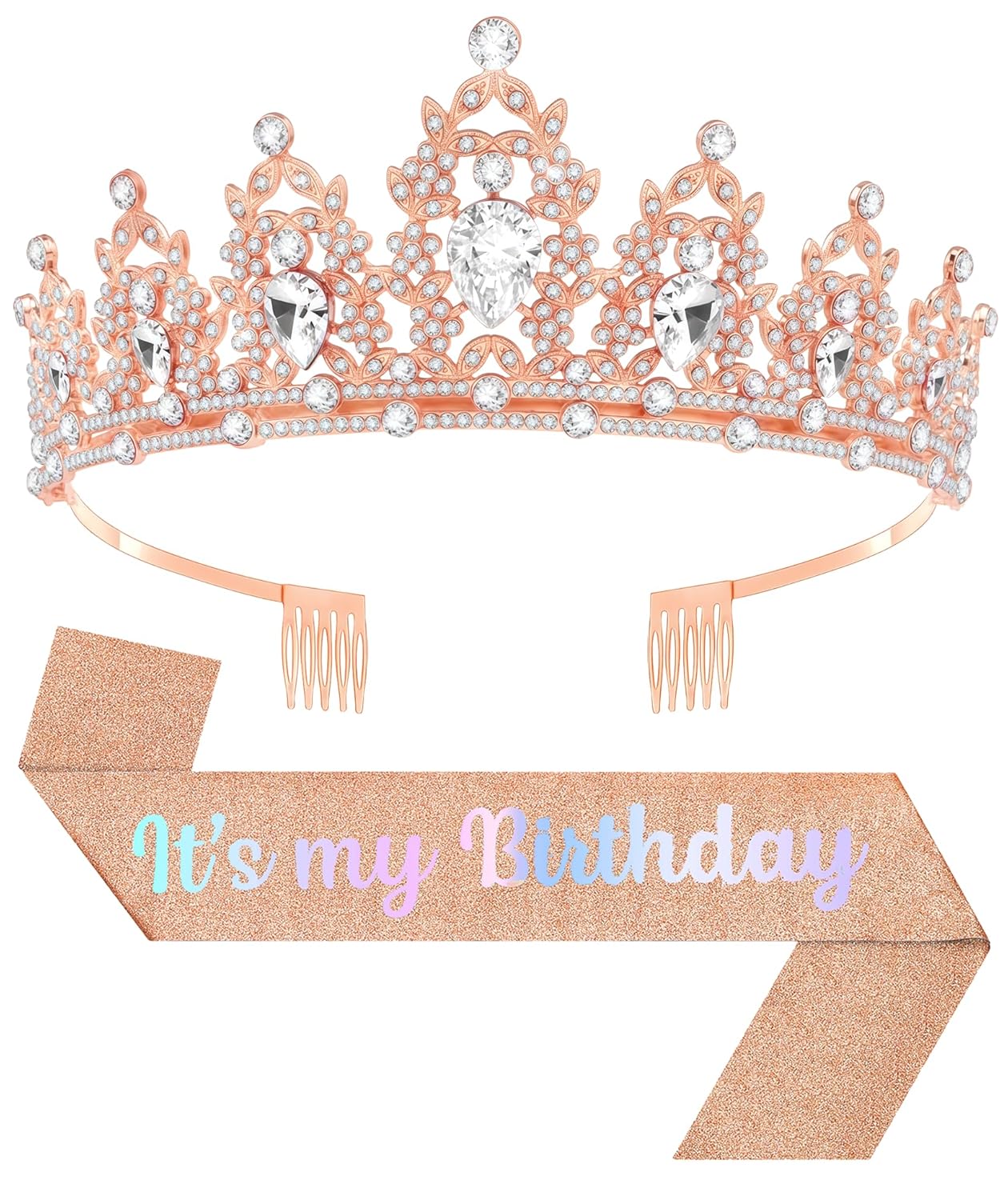 Birthday Tiara and Crown with Sash, Birthday Tiara for Women Party (Rose)