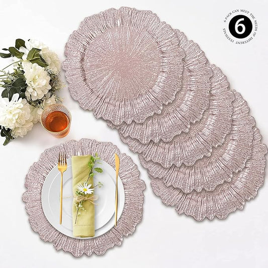 MAONAME Round 13" Reef Charger Plates, Pink Plate Chargers Set of 6, Plastic Chargers for Dinner Plates, Thanksgiving, Christmas, Wedding