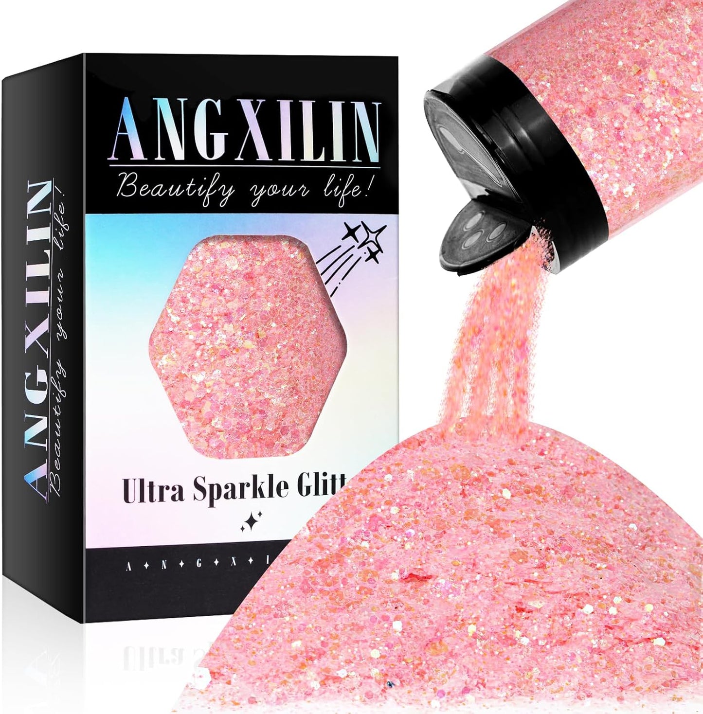 Holographic Chunky Glitter, 190g/6.7oz Chunky and Fine Mixed Craft Glitter, Bulk Laser Sequin Glitter for Face Body Nail Art,Epoxy Resin Tumbler Jewelry Making Glitter (Iri Lt Pink)