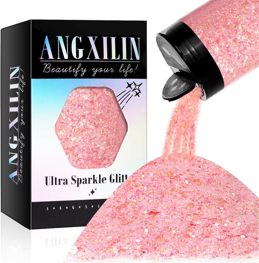 Holographic Chunky Glitter, 190g/6.7oz Chunky and Fine Mixed Craft Glitter, Bulk Laser Sequin Glitter for Face Body Nail Art,Epoxy Resin Tumbler Jewelry Making Glitter (Iri Lt Pink)