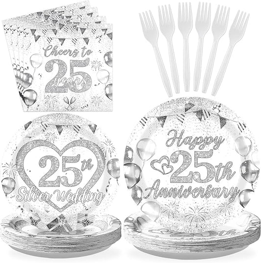 Grencian 96Pcs 25th Wedding Anniversary Decorations Cheer to 25 Years Party Plates and Napkins Silver Glitter Tableware for Couple Husband Wife Silver Wedding Anniversary Decorations Serves 24