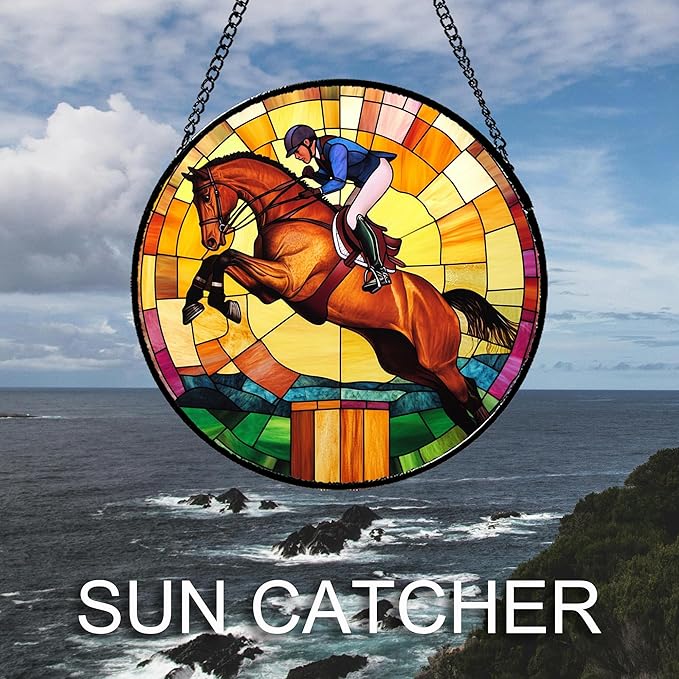 Stained Glass Window Hanging Equestrian Sports 6.3" - Horse Suncatcher Door Garden Sunroom Sun Catcher Home Decor Birthday Christmas for Mom Men Woman Nana