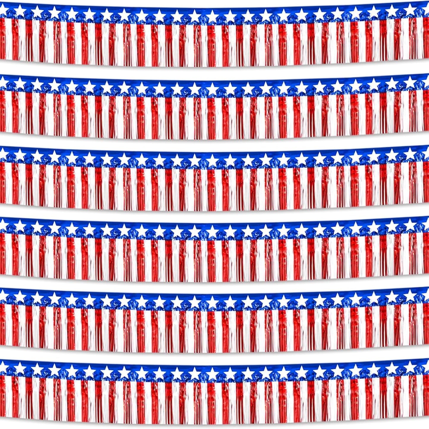 6 Pack 10 Feet Foil Fringe Garland Metallic Tinsel Streamers Banner Wall Hanging Backdrop Banner for Parade Floats, Thanksgiving, Christmas, Birthday, Halloween Party Decorations White red Blue