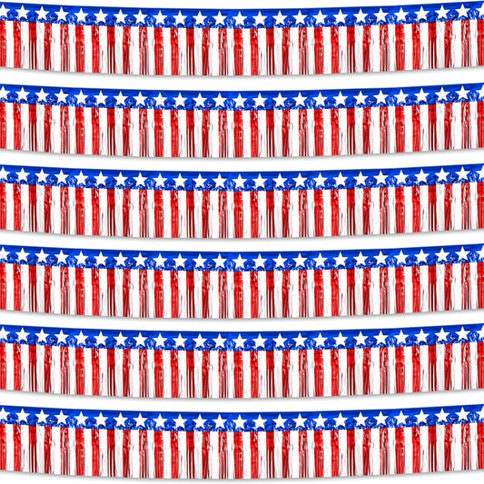 6 Pack 10 Feet Foil Fringe Garland Metallic Tinsel Streamers Banner Wall Hanging Backdrop Banner for Parade Floats, Thanksgiving, Christmas, Birthday, Halloween Party Decorations White red Blue