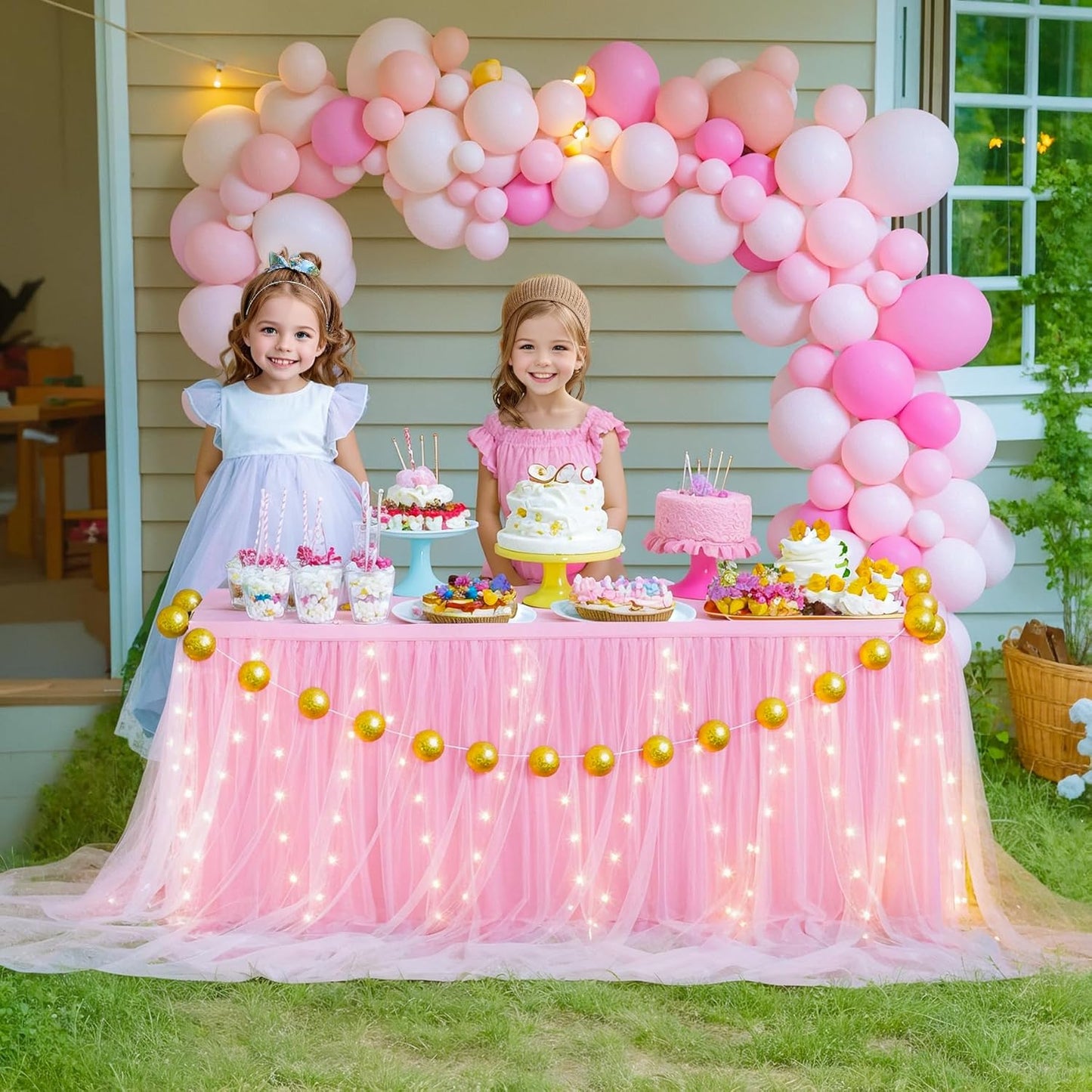9FT Pink Tulle Table Skirt for Rectangle or Round Tables, Pink Tutu Table Skirt with LED Lights for Princess Girl Birthday Party Baby Shower Gender Reveal Wedding Banquet Cake Dessert Decorations