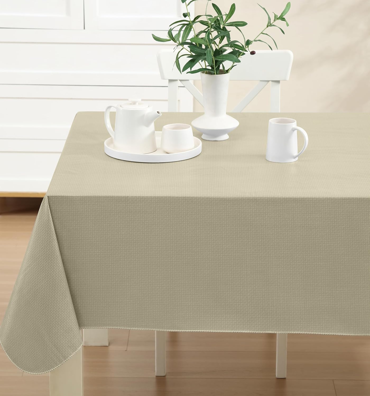 Newbridge Basketweave Vinyl Flannel Backed Tablecloth, 60 x 120 Inch Rectangle, Natural, Basket Weave Textured Indoor Outdoor Waterproof Table Cover for Patio, Kitchen, Dining