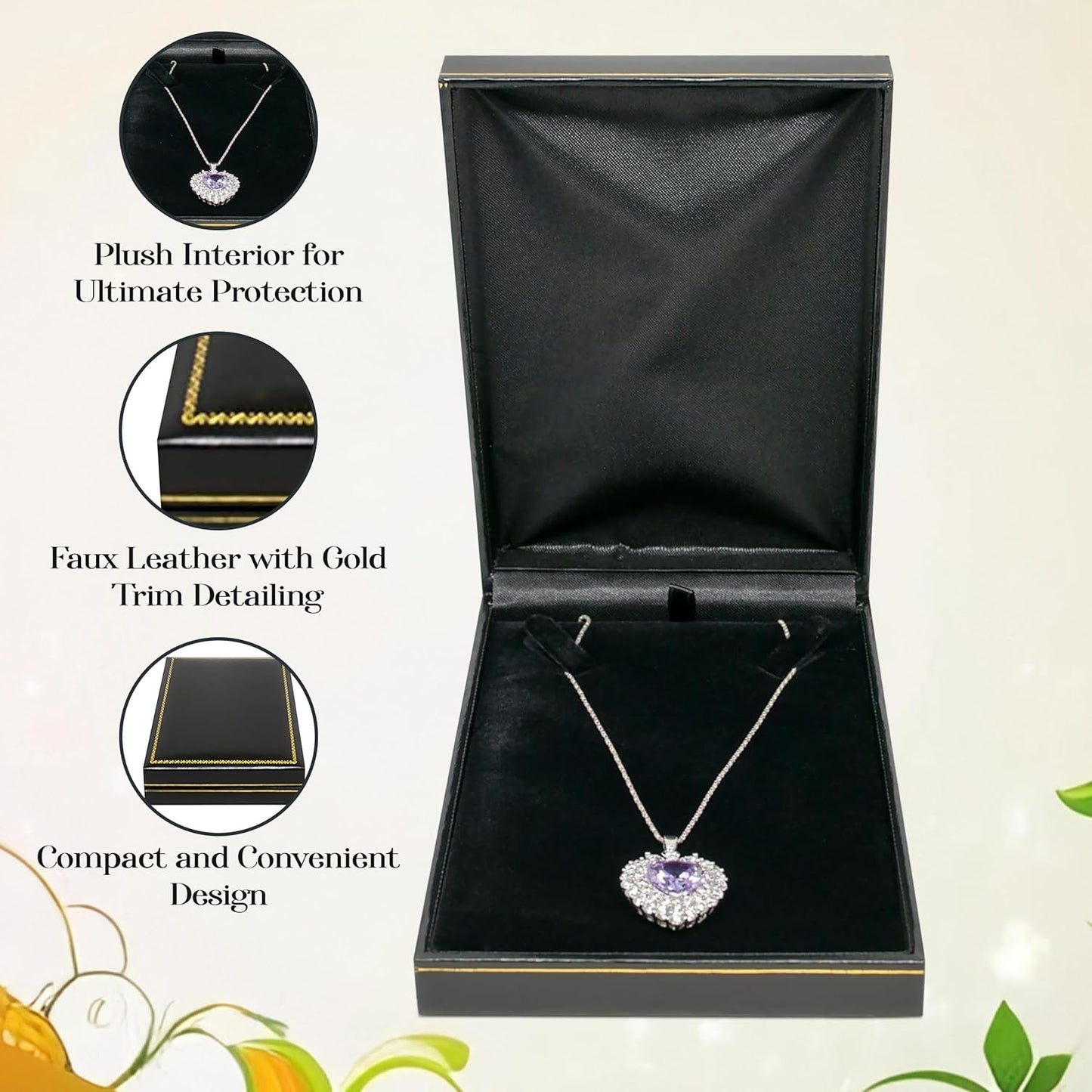 Novel Box Black Jewelry Box for Necklaces 4.75x7.37x1.4 Inches - Necklace Gift Boxes with Gold Trim - Faux Leatherette Necklace Storage Case - Gift Presentation Cases for Necklaces/Pendants