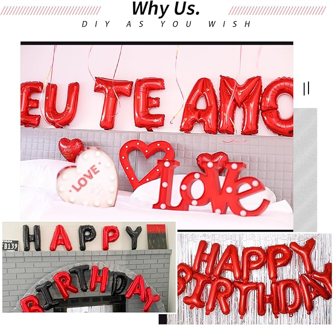 [52 PCS] 16" Foil Red Letter Balloons 2 Sets of A-Z, Mylar Aluminum Hanging Alphabet for Romance Valentine's day Graduation New Year eve Birthday Party Decorations