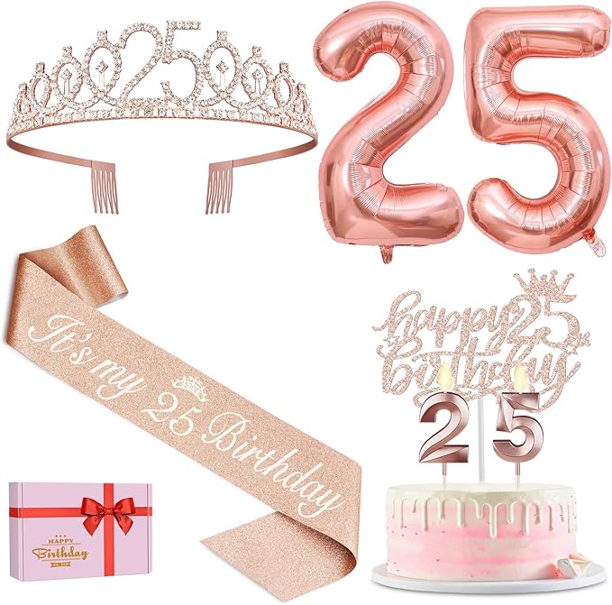 25th Birthday Decorations for Women Include 25th Birthday Sash and Tiara, Cake Topper and Candles, Number Balloons, Greeting Card, 25 Year Old Gifts for Women