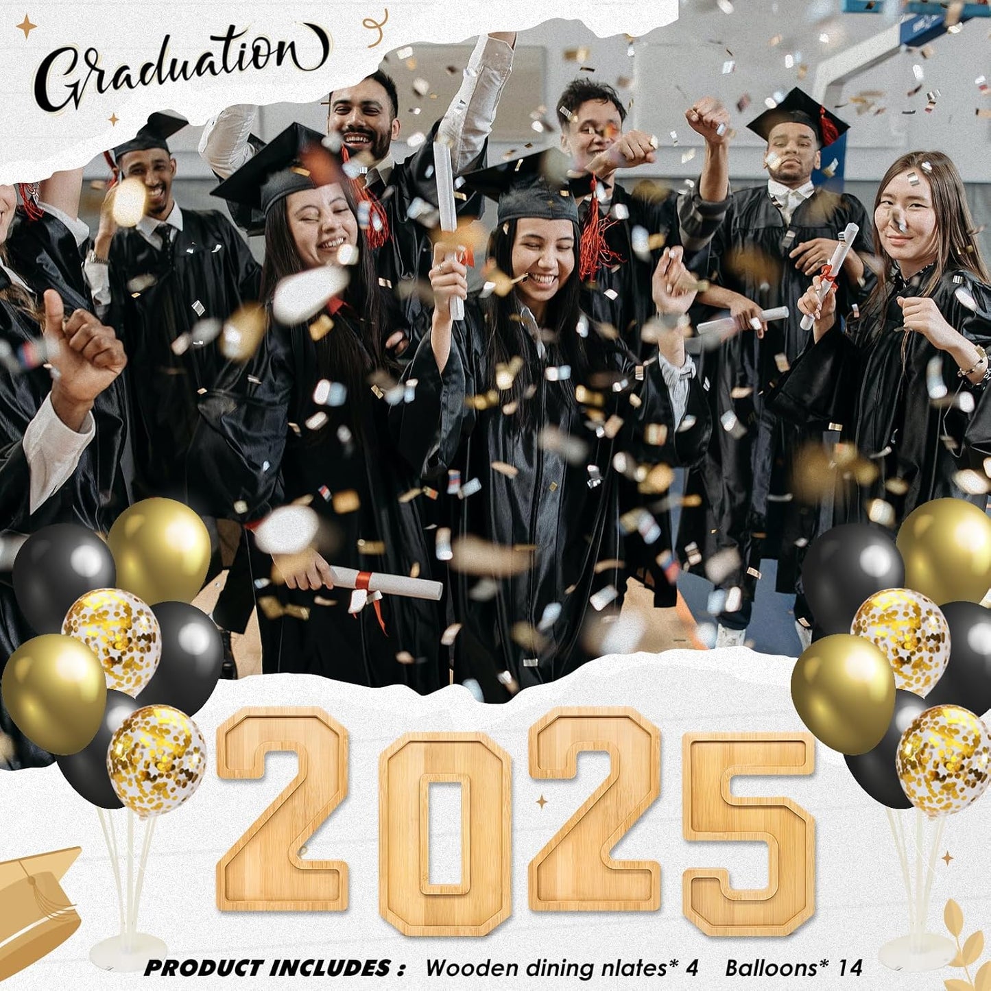 4PCS Wooden Graduation Decorations Number Charcuterie Board Box-(with 14 Balloons) 2025 Charcuterie Numbers Fillable Food Graduation Party Supplies