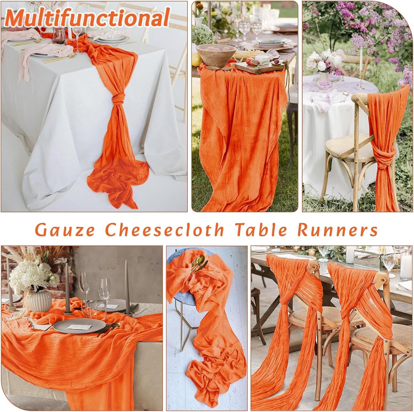 16Pack Orange Table Runner 10FT Cheesecloth Table Runner 35x120Inch Long Boho Cheese Cloth Table Runners Rustic Gauze Table Runners for Party Wedding Bridal Shower Baby Shower Decorations