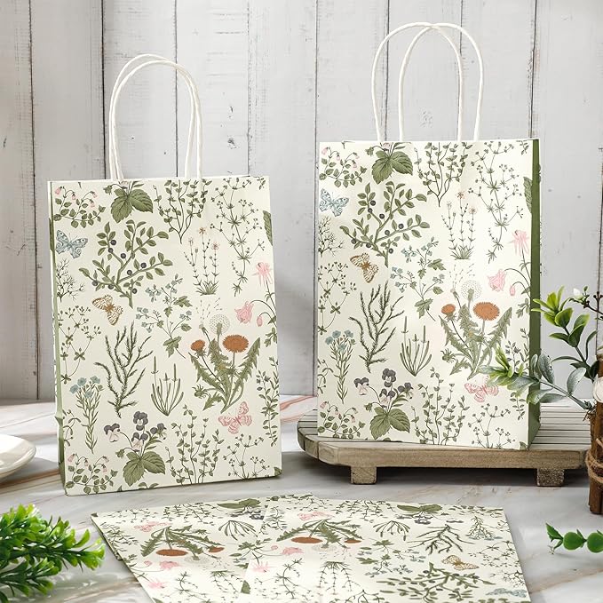 24Pcs Vintage Wildflowers Paper Gift Bags Green Wild Floral Party Favor Bags with Handles Decorative Goodie Candy Treat Bags for Spring Party Supplies